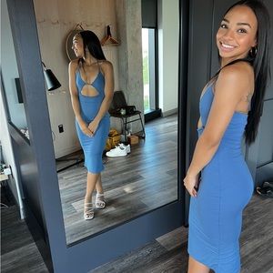 Oh Polly BELLE Cut Out Halter Neck Midi Dress in Blue
